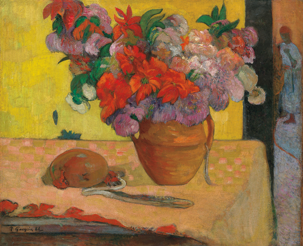 Flores en un jarrón y una botella de agua de Paul Gauguin