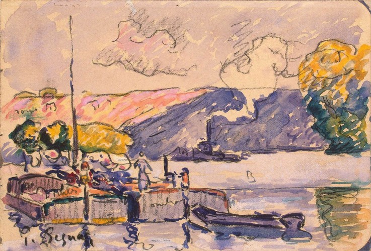 Two Barges, Boat, and Tugboat in Samois de Paul Signac