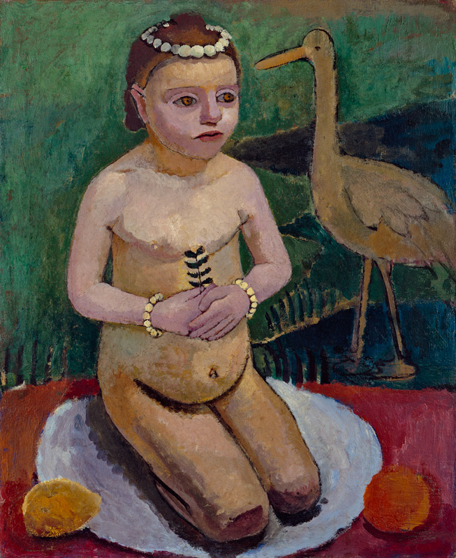 Hockendes Mädchen mit Storch de Paula Modersohn-Becker