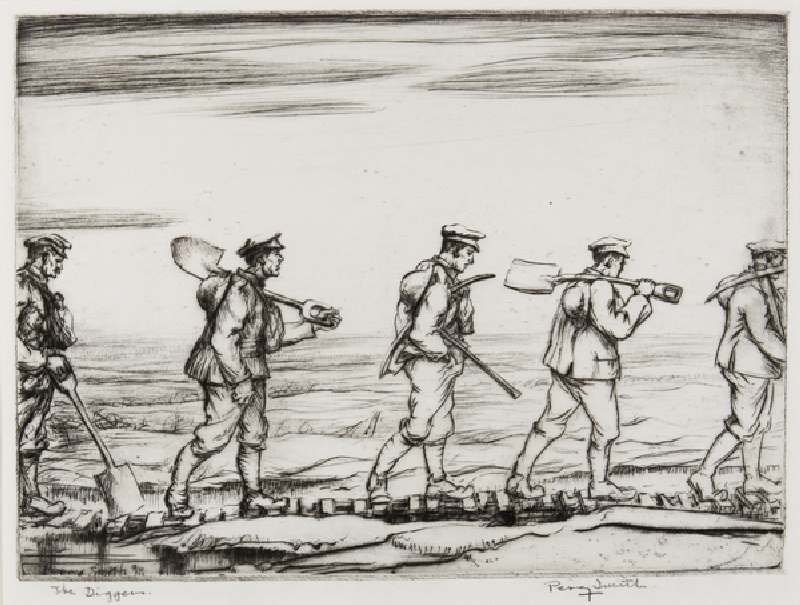 The Diggers, 1918 (etching) de Percy John Delf Smith