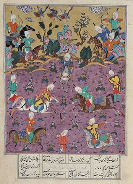Ms D-184 fol.140a Siavosh Playing Polo with Afrasiab, from 'Firdawsi's Shahnama' de Persian School