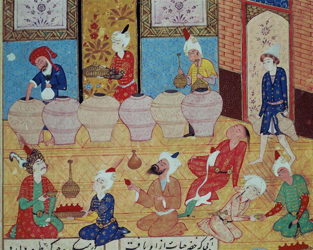 Fol.33v, Detail of a banquet with musicians, from a book of poems Hafiz Shirazi (c.1325-c.1388) 1554 de Persian School