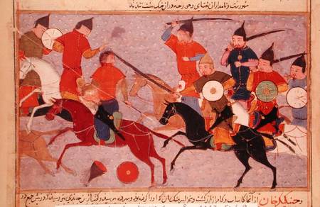Ms Pers.113 f.49 Genghis Khan (c.1162-1227) in Battle de Persian School