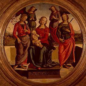 Madonna surrounded of angels and saints sitting en