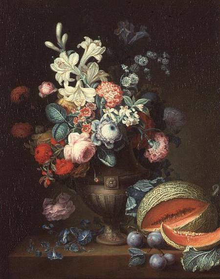 Still life of flowers in a classical vase with a cut melon, 1768 (one of a pair de Philippe Parpette