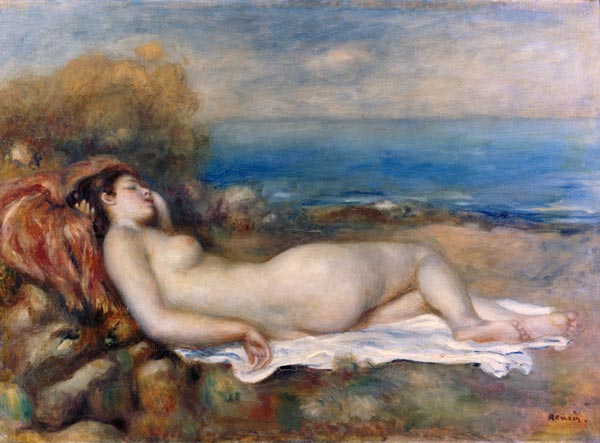 Resting taking a bath on the shore of the sea. de Pierre-Auguste Renoir