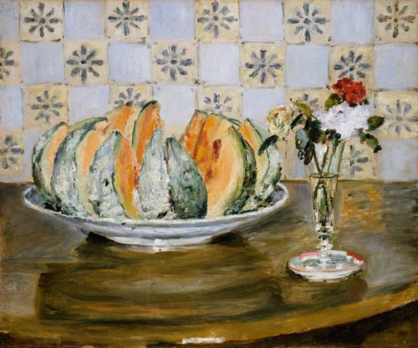 Still Life Of a Melon And A vase of Flowers de Pierre-Auguste Renoir
