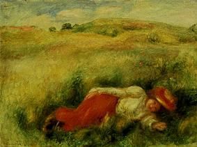 Young woman, meadow turns green lying in one. de Pierre-Auguste Renoir