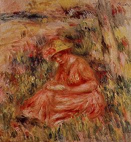 Young woman with hat in a reddish landscape. de Pierre-Auguste Renoir