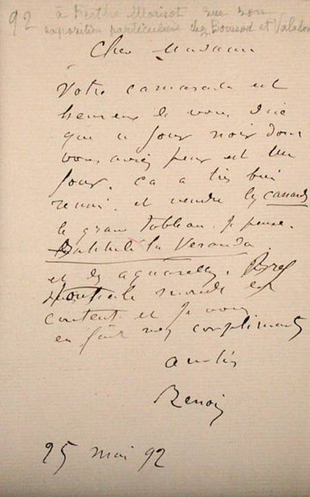 Letter from Renoir to Berthe Morisot (1841-95) regarding her first exhibition de Pierre-Auguste Renoir
