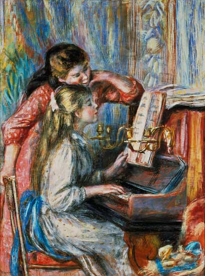Young Girls at the Piano - Pierre-Auguste Renoir en reproducción impresa o  copia al óleo sobre lienzo.