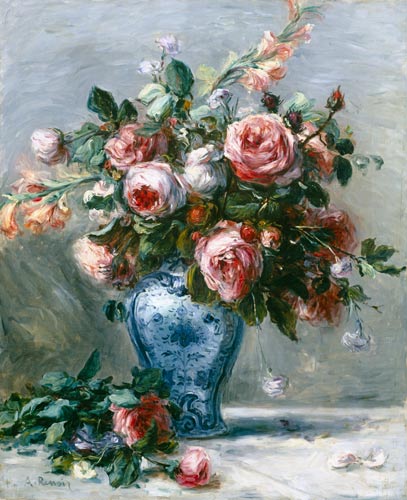 Jarrón de rosas - Pierre-Auguste Renoir en reproducción impresa o copia al  óleo sobre lienzo.