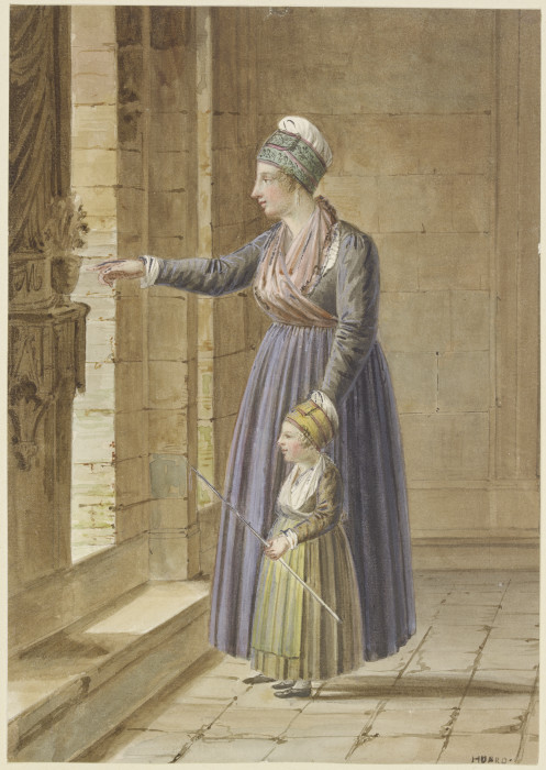 Junge Frau mit ihrer Tochter in provençalischer Tracht an einem Kirchenfenster de Pierre Huard