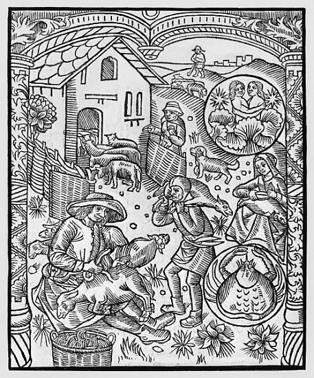 June, sheep shearing, Gemini, illustration from the ''Almanach des Bergers'', 1491 (xylograph) de Pierre Le Rouge
