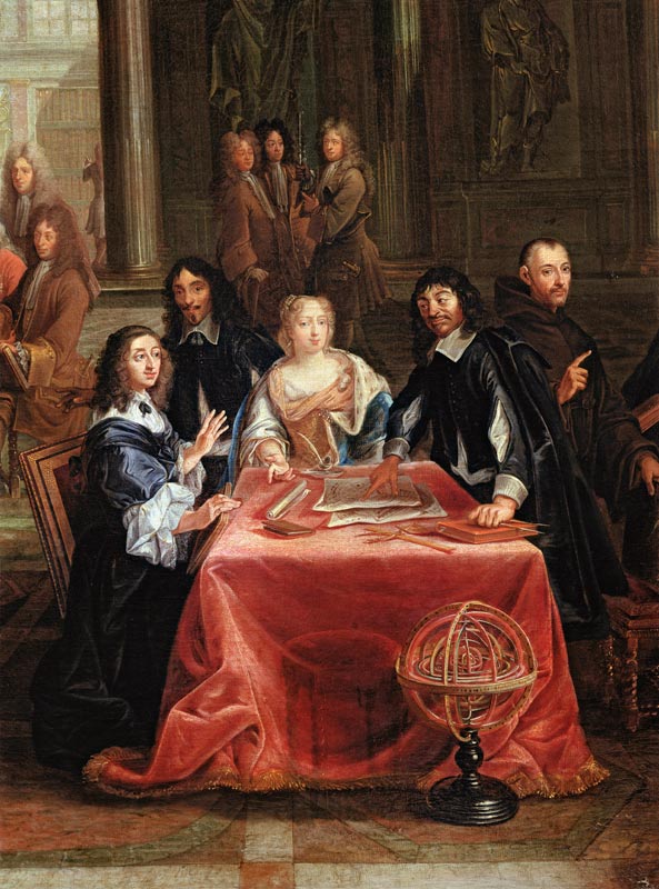 Christina of Sweden (1626-89) and her Court: detail of the Queen and Rene Descartes (1596-1650) at t de Pierre-Louis the Younger Dumesnil