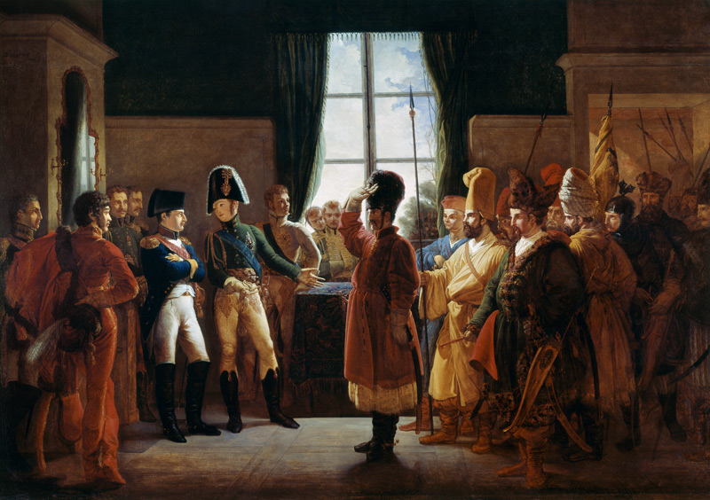 Tsar Alexander I presenting the Kalmyks, Cossacks and Bashkirs of Russian army to Napoleon I, Tilsit de Pierre-Nolasque Bergeret