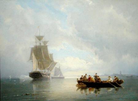 A Ship Becalmed and a Rowing Boat de Pieter Cornelis Dommersen