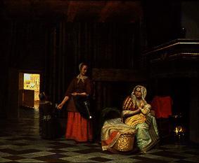 Woman with child at the chest and service maid. de Pieter de Hooch