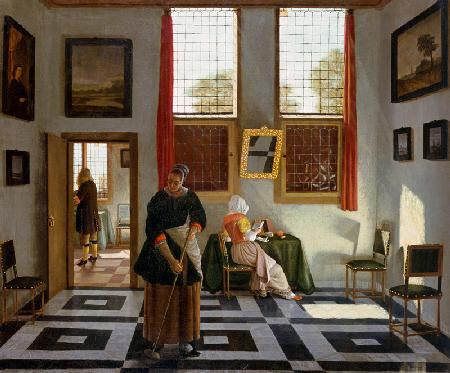 Interior with Painter, Woman Reading and Maid Sweeping