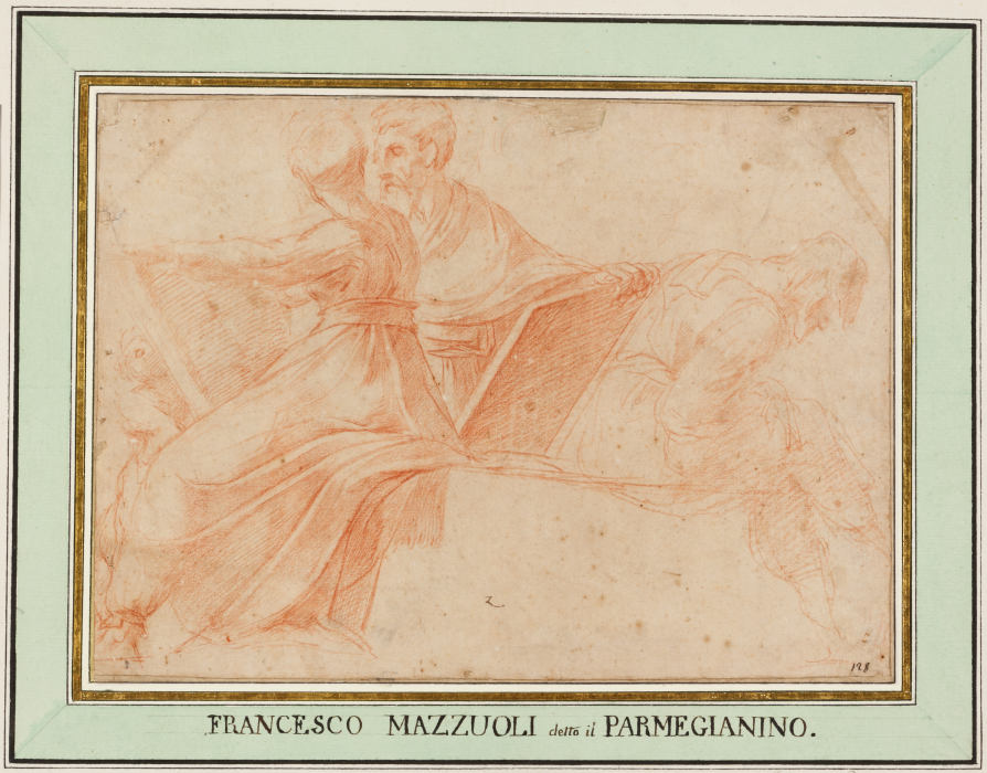 Zwei sitzende Propheten und eine vornüber gebeugte Figur de Polidoro da Caravaggio