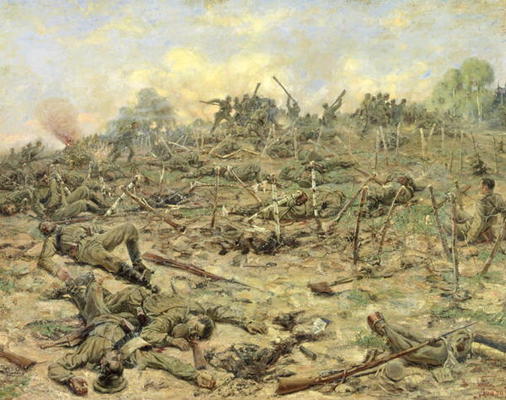 The Russian Infantry Attacking the German Entrenchments, 1918 (oil on canvas) de Pyotr Pavlovich Karyagin