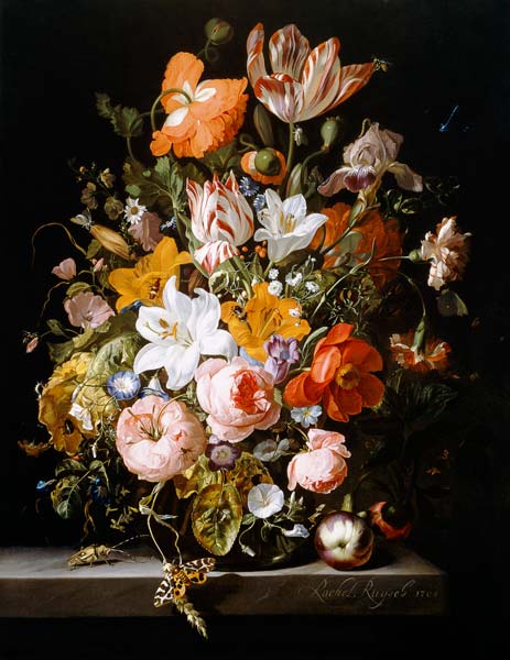 Still life of roses, lilies, tulips and - Rachel Ruysch en reproducción  impresa o copia al óleo sobre lienzo.