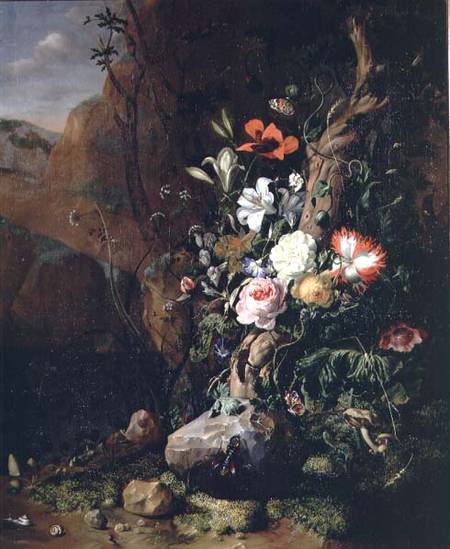 Treetrunk, flowers and butterflies de Rachel Ruysch