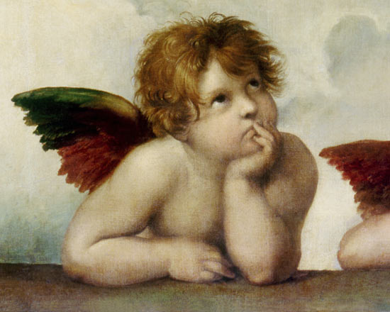 Querubines-Angel V (Detalle de la Madonna Sixtina) - Raffaello (Rafaello  Santi) en reproducción impresa o copia al óleo sobre lienzo.