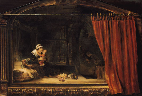 The Holy Family with a curtain (so-called Holzhackerfamilie) de Rembrandt van Rijn