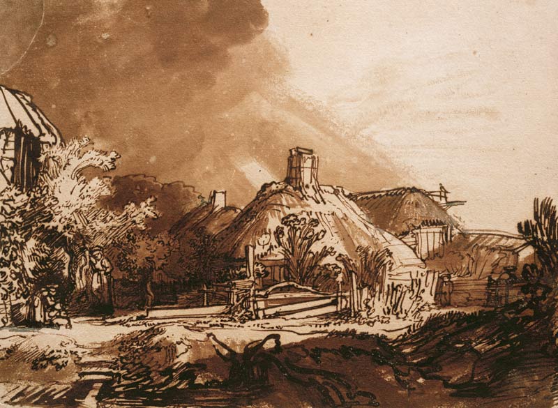 Cottages under a Stormy Sky de Rembrandt van Rijn