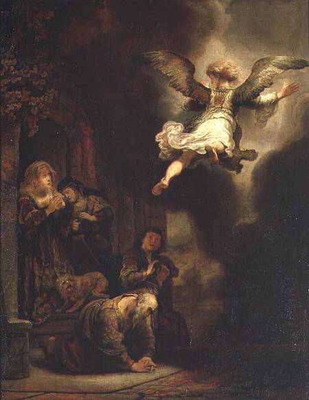 The Archangel Raphael Taking Leave of the Tobit Family de Rembrandt van Rijn