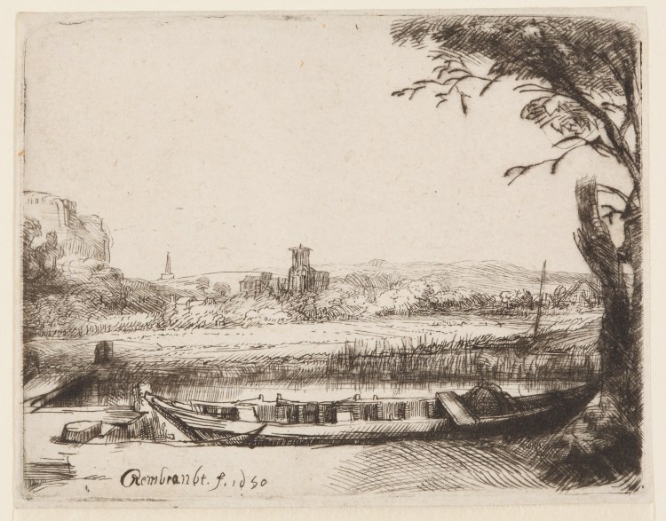 Casnal with a large boat and a Bridge de Rembrandt van Rijn