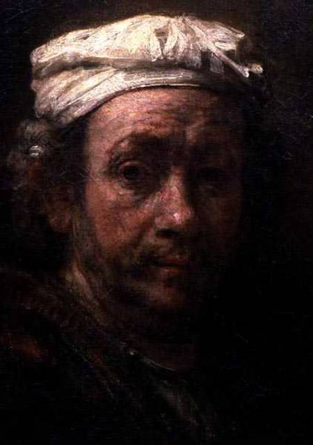 Portrait of the Artist at His Easel, detail of the face de Rembrandt van Rijn