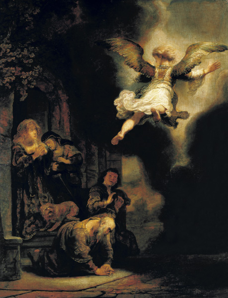 The archangel Raphael leaves the family of Tobias. de Rembrandt van Rijn