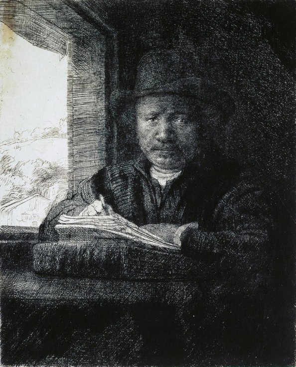 Self-Portrait Drawing by a Window de Rembrandt van Rijn