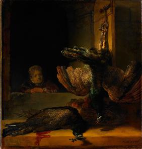 Still life with two Peacocks and a Girl