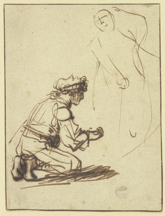 Vor einer nur angedeuteten Gestalt kniender Mann de Rembrandt van Rijn