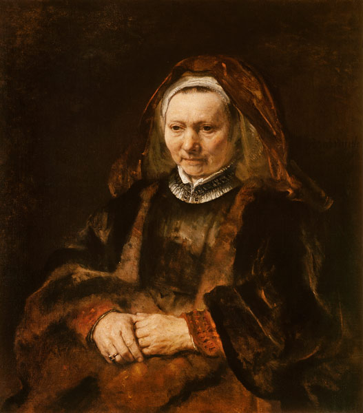 Portrait of an old woman with fanfolded hands de Rembrandt (Werkstatt)