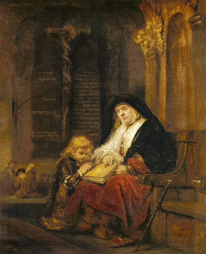 El profeta Hannah en el templo con Samuel rezando de Rembrandt (Werkstatt)
