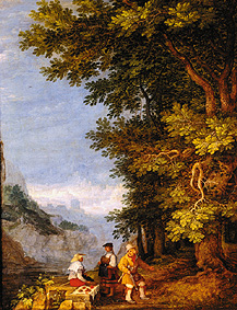 Mountains landscape with a fruit seller de Roelant Jakobsz Savery