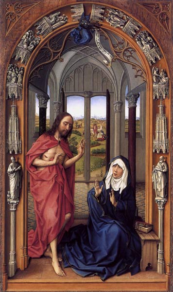 Christ seems Marienaltar, right wing, to Maria -- de Rogier van der Weyden