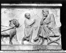 Detail from the sarcophagus of Cornelius Statius depicting a child reciting his lesson at the feet o