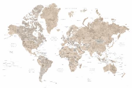 Watercolor world map with countries, Abey