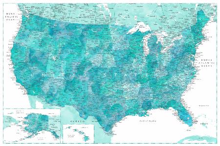 Highly detailed map of the United States, Caribbean waters