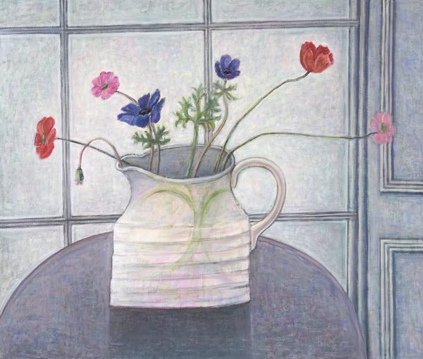 Anemones and Poppies, 2008 (oil on canvas) jug; flowers; still life; inetrior; window; table; white  de Ruth  Addinall