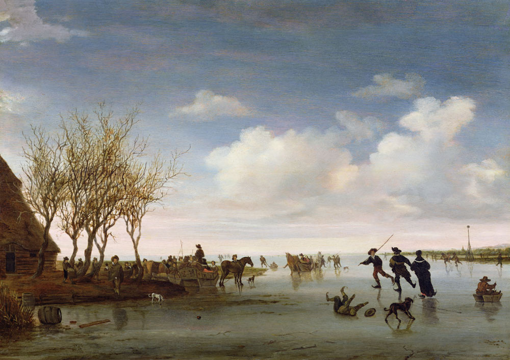 Dutch landscape with Skaters - Salomon van Ruysdael en reproducción impresa  o copia al óleo sobre lienzo.