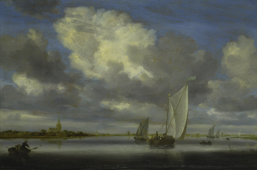 Fishing and Sailing Boats under a Broad Sky - Salomon van Ruysdael en  reproducción impresa o copia al óleo sobre lienzo.