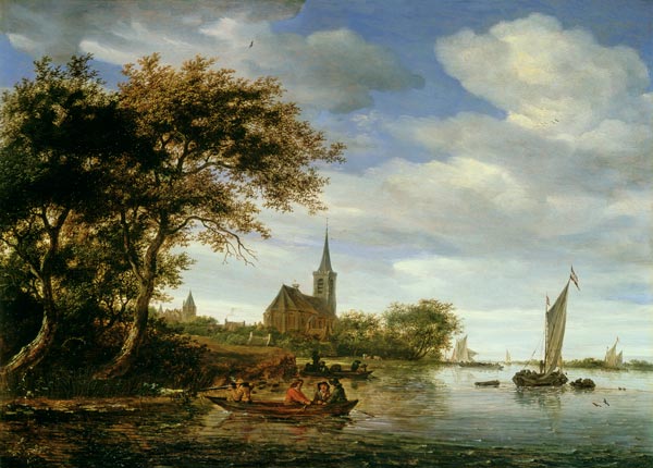 River Scene - Salomon van Ruysdael en reproducción impresa o copia al óleo  sobre lienzo.