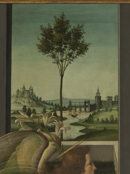 Botticelli, Verkündigung, Flusslandsch.. de Sandro Botticelli