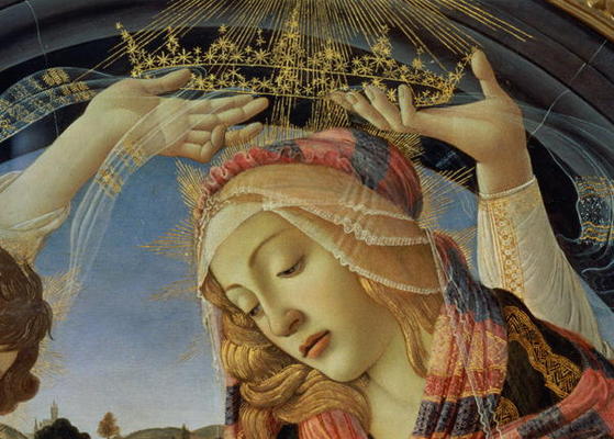 The Madonna of the Magnificat, detail of the Virgin's face and crown, 1482 (tempera on panel) (detai de Sandro Botticelli